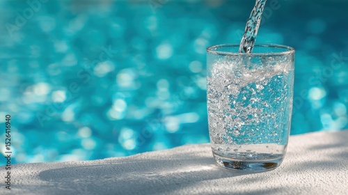 Refreshing Water Glass Near Swimming Pool Summer Relaxation
