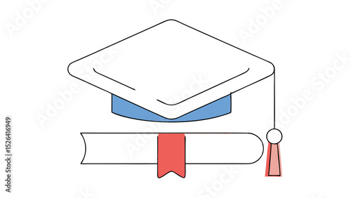 Graduation cap with diploma illustration in simple line art style  