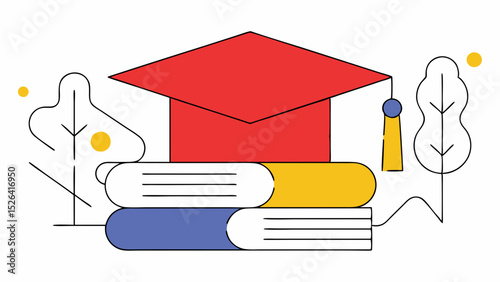 Graduation cap on stacked books with abstract plants and shapes  