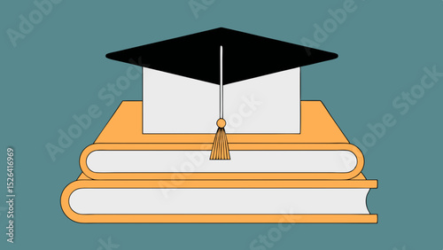 Graduation cap resting on stack of books in flat design style  