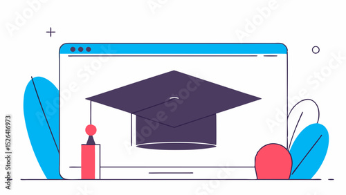 Graduation cap on laptop screen with colorful background elements  