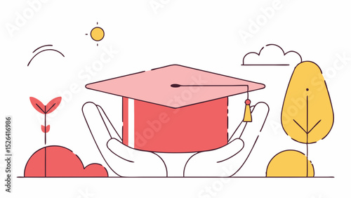 Graduation cap held by hands with trees and sun in minimal style  