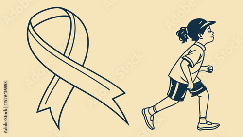Young girl running next to awareness ribbon in minimalistic style  