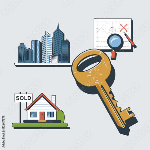 vector icons real estate business house key, symbolizing ownership new home House Sold Sign icon "Sold" sign in front, representing successful real estate 
