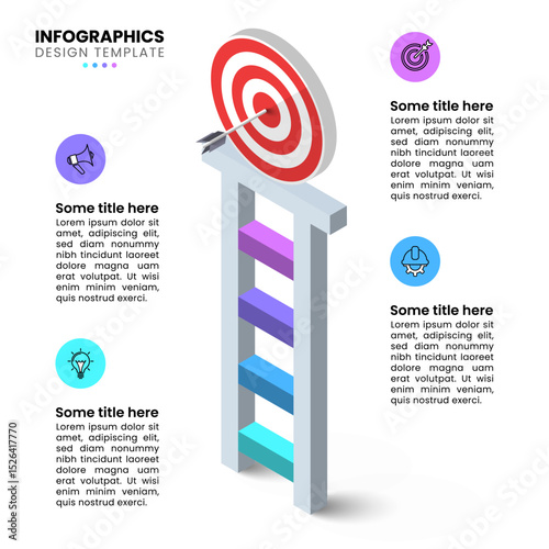 Infographics template. Isometric ladder with dartboard and 4 steps