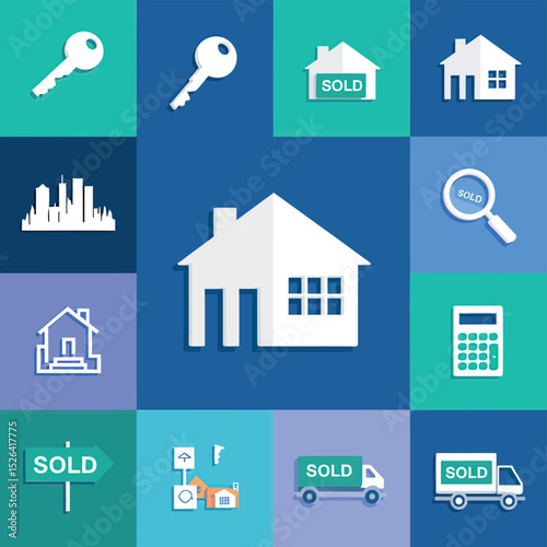 vector icons real estate business house key, symbolizing ownership new home House Sold Sign icon "Sold" sign in front, representing successful real estate 
