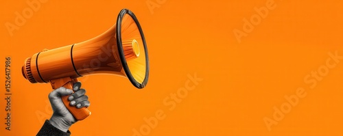 Vibrant Megaphone Held High Against Orange Background Capturing Attention and Amplifying Messages in Modern Communication