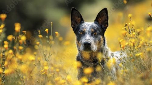 Australian Cattle Dog Looking Thoughtfully From Yellow Flower Field