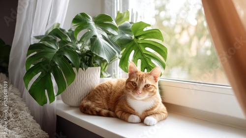 Ginger Cat Resting near Monstera Plant on Windowsill