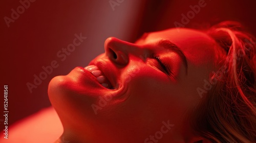 Woman bathed in red light therapy showing teeth