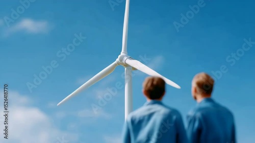 Two people admire wind turbine against clear blue sky, inspired by renewable energy, sustainability, and beauty of environment.