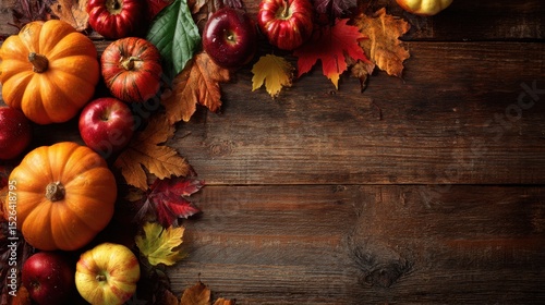 Autumn Harvest Apples and Pumpkins on Wood Surface