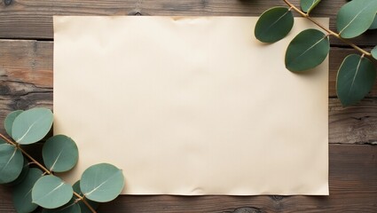 Blank sheet of kraft paper on wooden table with eucalyptus leaves, rustic stationery background