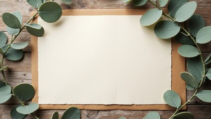 Blank sheet of kraft paper on wooden table with eucalyptus leaves, rustic stationery background