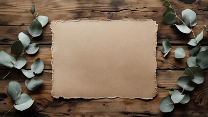 Blank sheet of kraft paper on wooden table with eucalyptus leaves, rustic stationery background