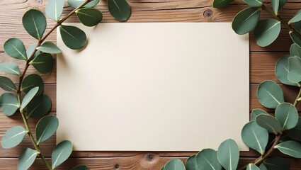 Blank sheet of kraft paper on wooden table with eucalyptus leaves, rustic stationery background