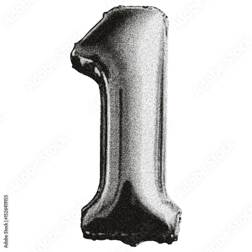 Number 1 with a grainy, dotted texture. Foil balloon shaped like the number 1. Ideal for Y2K-style collages, greeting cards, posters, or prints. Halftone photocopy effect