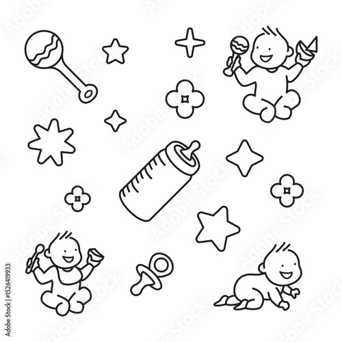 Baby icon collection design component set. Crawling, eating, playing, star, flower, maracas, pacifier, bottle milk. Illustration minimalist line design style