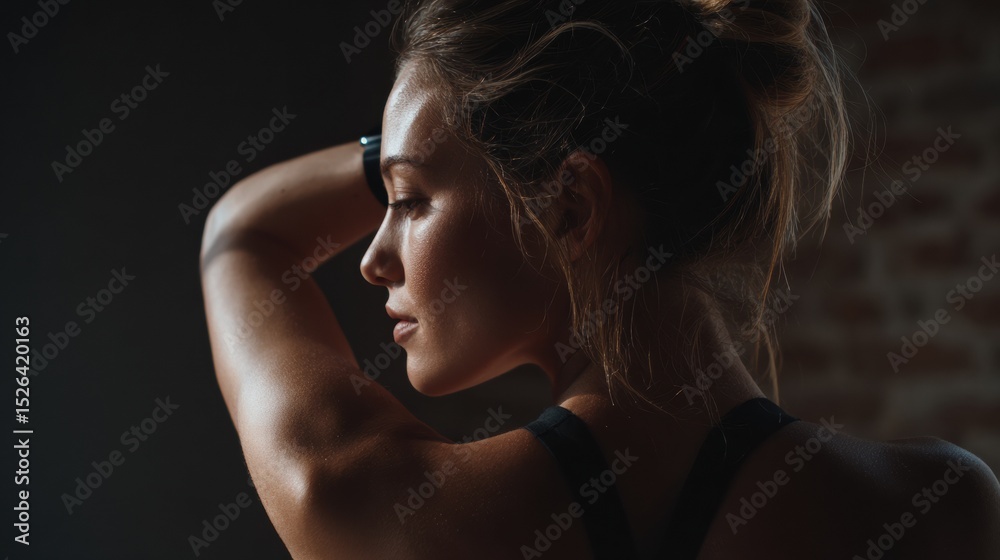 Naklejka premium Profile of a female athlete resting after an intense workout, gently touching her hair while seated in a gym with a striking brick wall as the backdrop