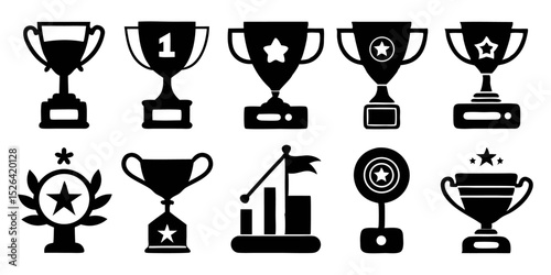 Award winning line icon set featuring trophy cup medal and winner prize graphics
