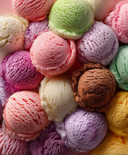 Colorful scoops of ice cream various pastel shades create delightful and vibrant display. assortment includes flavors like chocolate, vanilla, and fruity options, evoking sense of joy and