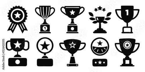 Award winning line icon set featuring trophy cup medal winner prize designs