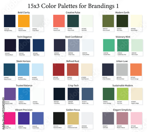 Business Brandings Color Palettes 1 15x3 - 3d Brand Colors Set, Color Schemes with Hex Codes and Names, Color Swatches and Combinations, Vector Illustration