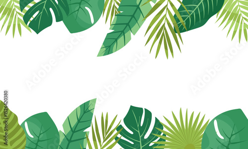 Tropical leaves border background. Flat botanical green foliage frame vector.