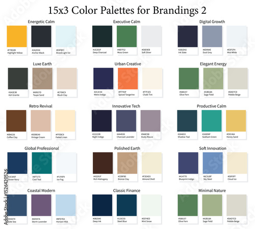 Business Brandings Color Palettes 2 15x3 - 3d Brand Colors Set, Color Schemes with Hex Codes and Names, Color Swatches and Combinations, Vector Illustration