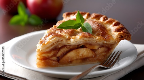 A slice of apple pie served on a white plate, garnished with mint leaves.