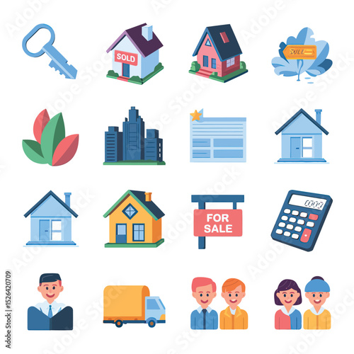 vector icons real estate business house key, symbolizing ownership new home House Sold Sign icon "Sold" sign in front, representing successful real estate 
