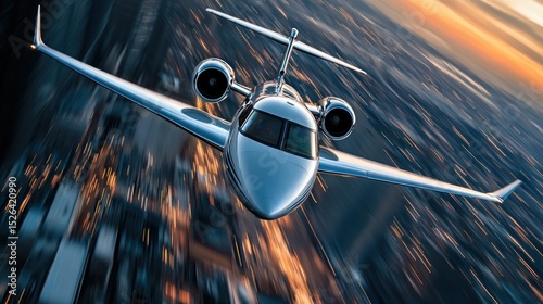 Luxury Private Jet Soaring Above City Lights at Sunset