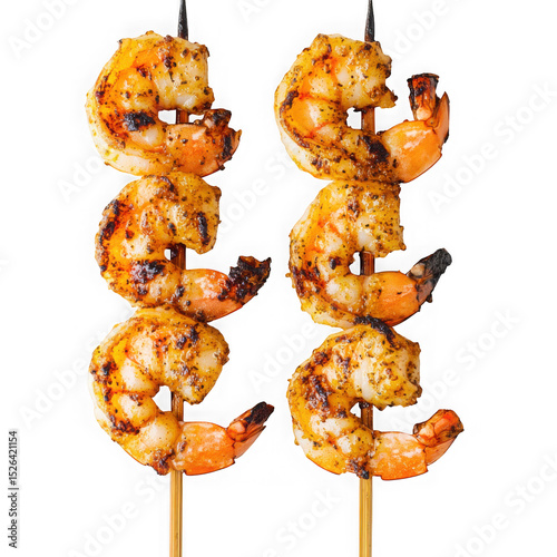 Grilled shrimp skewers close up view on transparent background