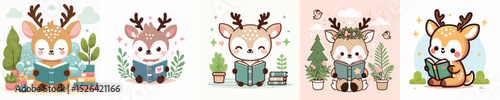 cute deer vector reading a book