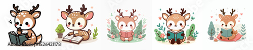 cute deer vector reading a book
