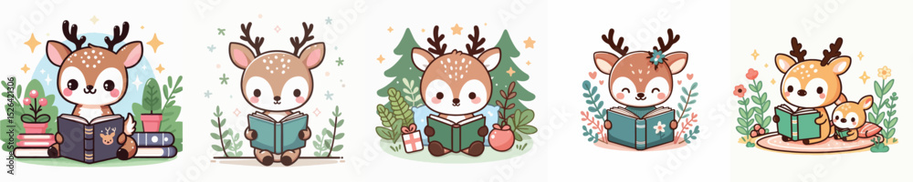 Naklejka premium cute deer vector reading a book