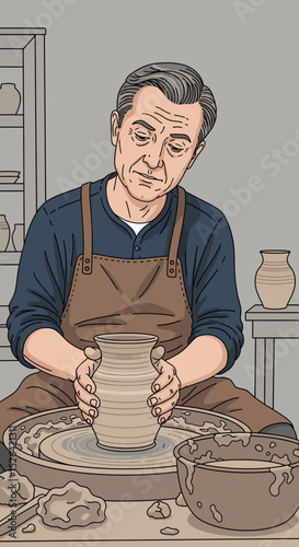 Elderly Potter Working on Clay Vase at Pottery Wheel - Vector Illustration