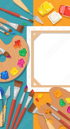 Art Supplies Flat Lay with Canvas and Paint Palettes
