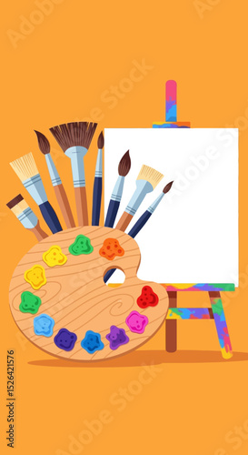 Artist's Easel and Colorful Paint Palette with Brushes