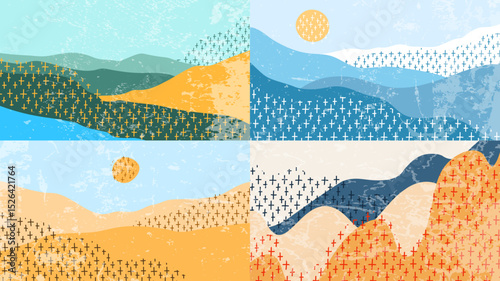Vector illustration. Hand drawn backgrounds set with marker strokes. Hills with clear sky. Doodle childish landscape with line pattern shapes. Design for horizontal web banner, panoramic wallpaper