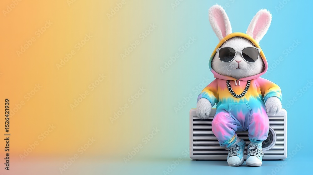 Fototapeta premium A stylish rabbit in sunglasses and a colorful hoodie relaxes on an air conditioner against a vibrant gradient background.