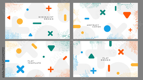 Vector illustration. Abstract vibrant color background set. Cool bright wallpapers with semi circle shapes and halftone dots. Design elements for horizontal web banner, panoramic wallpaper