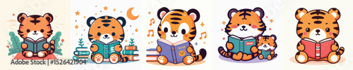 cute tiger vector reading a book