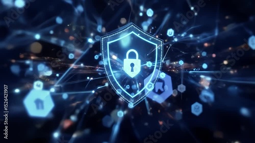 An abstract digital shield symbol representing cybersecurity and data protection.