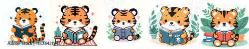 cute tiger vector reading a book