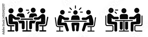 Set of people group meeting icons, talking or discussion for business communication. Vector silhouette pictogram