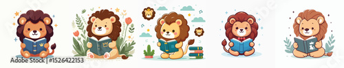 vector cute lion reading a book