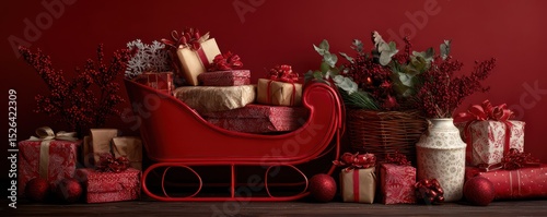Festive Red Sleigh Surrounded by Christmas Gifts, Wrapping Paper, and Holiday Decorations on Rustic Wooden Background