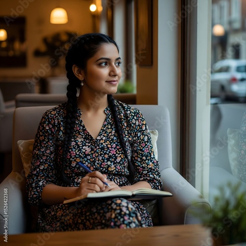 Attractive young woman relaxing in cafe contemplating and journaling by the window