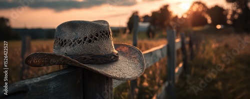 Rustic straw hat resting on a wooden fence during sunset in a tranquil countryside landscape